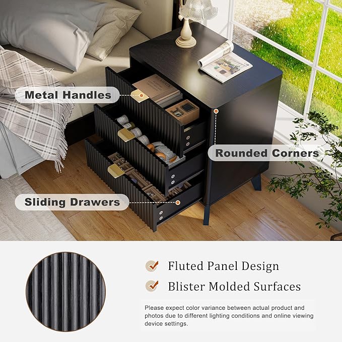 LYNCOHOME Fluted Nightstand Set of 2, Wood Bedside Table with 3 Drawers, Modern Farmhouse Storage End Table for Bedroom, Black