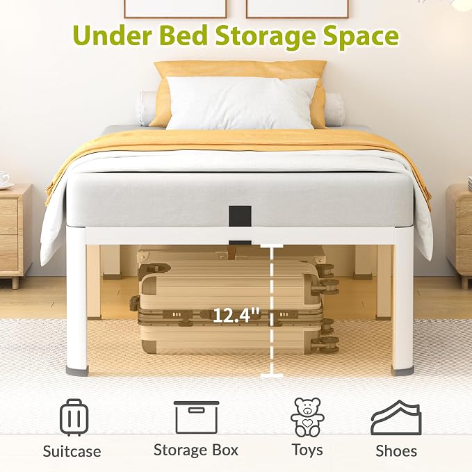 14 Inch Twin Bed Frame, Metal Platform Bed Frame with Round Corner Legs, 3500 lbs Heavy Duty Steel Slats Support, No Box Spring Needed, Noise Free, Easy Assembly, White