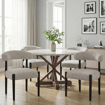 VKNOW Wooden Dining Chairs Set of 4 with Black Rubberwood Legs, Brown | Soft Chenille Fabric, Curved Open Back, Thickened Cushion, For Adults and Family, Dining Room, Kitchen, No Wobble