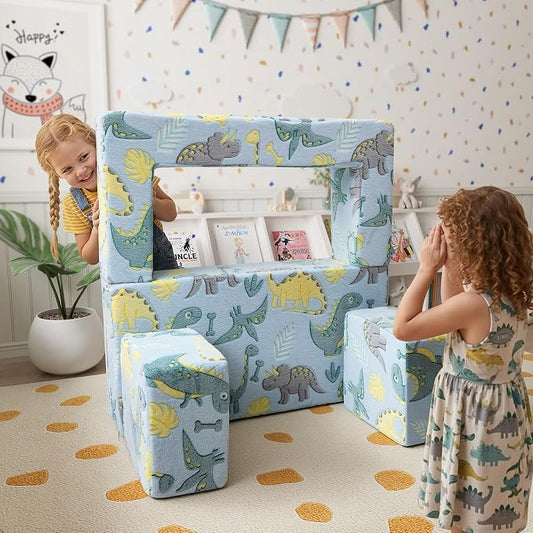 MeMoreCool Glow-in-the-Dark Dinosaur Kids Loveseat - Modular Toddler Play Couch that Folds Out, Convertible Foam Chair & Mini Sofa Bed with Washable Plush Cover, 2-Seat Playroom Furniture