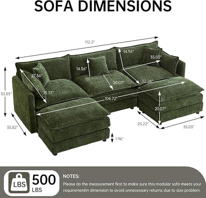 Modular Sectional Sofa, 112.2 Inch U Shaped Couch Set with Armrests, 3-Seater Comfy Cloud Couches for Living Room Apartment, Green