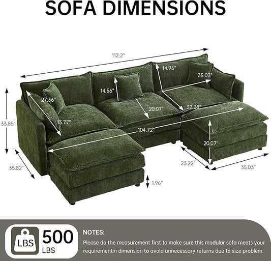 Modular Sectional Sofa, 112.2 Inch U Shaped Couch Set with Armrests, 3-Seater Comfy Cloud Couches for Living Room Apartment, Green
