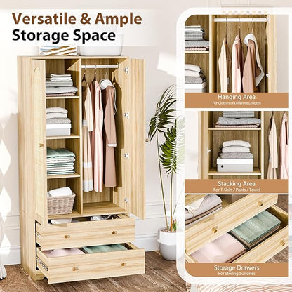 VINGLI Wardrobe Closet with Doors, Rattan Armoire Wardrobe Closet with Drawers & Hanging Rod, Wooden Armoire for Hanging Clothes, Natural Oak, 68.9" H