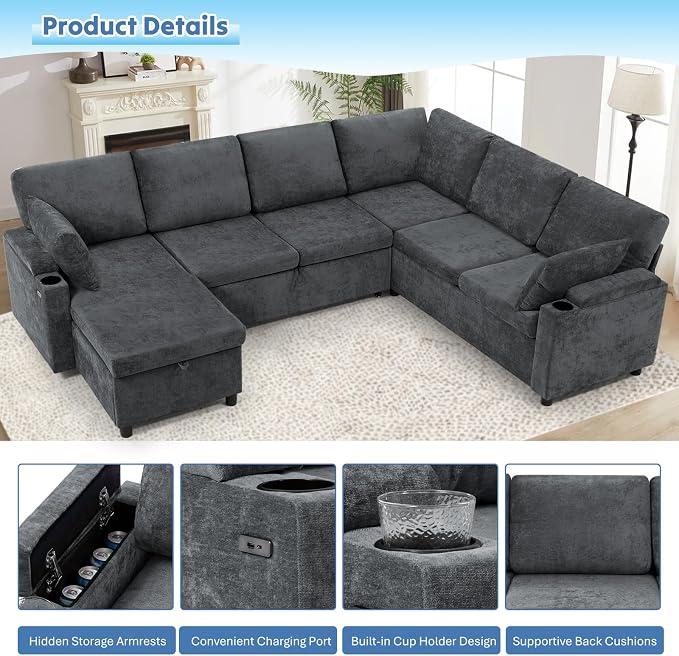 110" Chenille Sectional Sofa w/Pull Out Bed & Storage Chaise, Grey | Reversible U Shape Sofa w/Storage Armrests & Cup Holders, Corner Couch w/USB Charging Port & Throw Pillows for Living Room