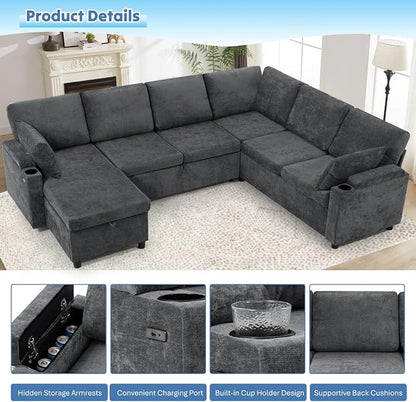 110" Chenille Sectional Sofa w/Pull Out Bed & Storage Chaise, Grey | Reversible U Shape Sofa w/Storage Armrests & Cup Holders, Corner Couch w/USB Charging Port & Throw Pillows for Living Room