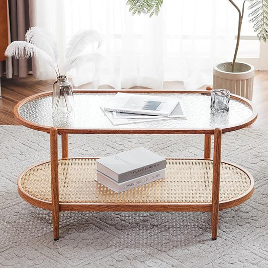 VINGLI 38" Rattan Oval Coffee Table, Water-Wave Glass Metal Center Table, Modern Coffees Table with 2-Tier Storage, Farmhouse Coffe Table for Living Room and Small Space, Natural Vibe