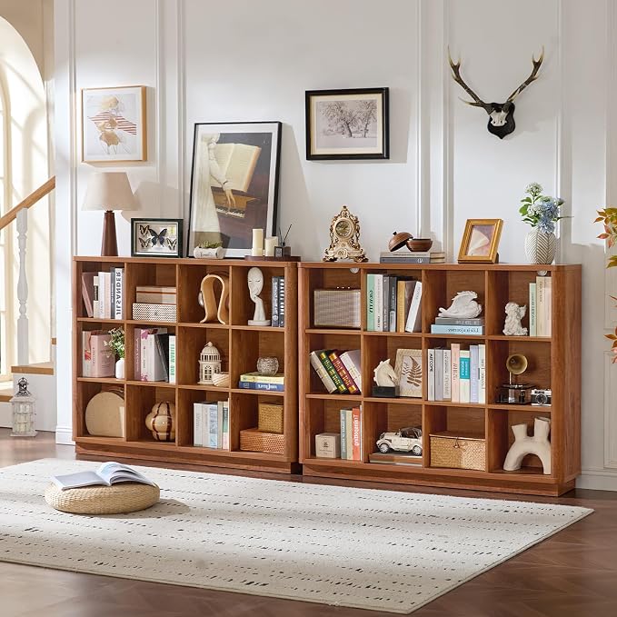 Joaxswe 12 Cube Storage Organizer, 41" Wide Large Bookshelf with Curved Edge, Wood Floor Standing 3-Tier Cubby Bookcase w/Base, Rustic Display Storage Cabinet, Book Case for Home Office, Brown