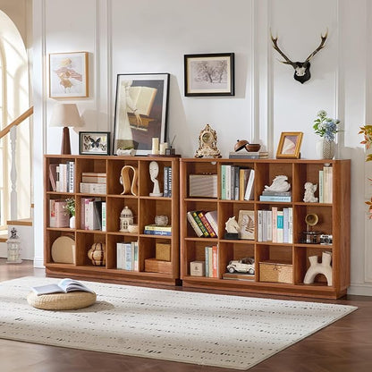 Joaxswe 12 Cube Storage Organizer, 41" Wide Large Bookshelf with Curved Edge, Wood Floor Standing 3-Tier Cubby Bookcase w/Base, Rustic Display Storage Cabinet, Book Case for Home Office, Brown
