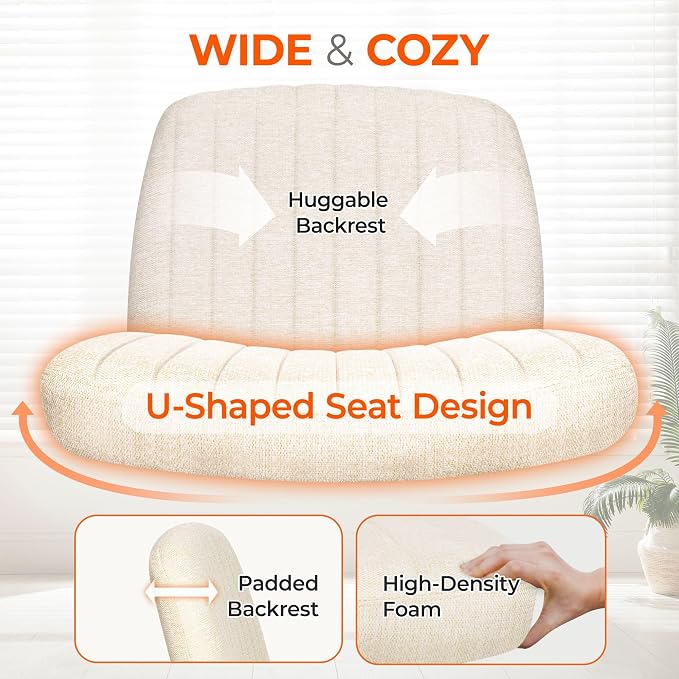 Orange Factory Criss Cross Chair Wheels Wide Cross Legged Office Desk Vanity Chair Comfy Fabric Armless Adjustable Swivel for Home Computer Task (Beige Wheel, Fabric)