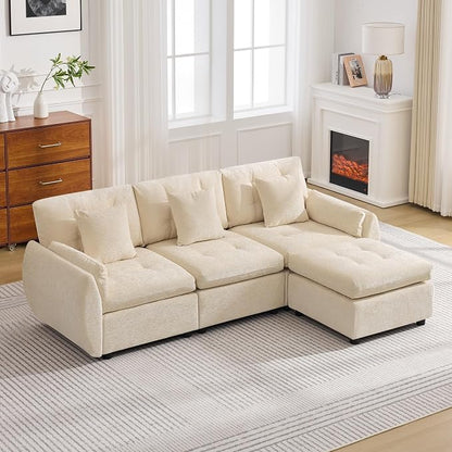 84" L Shaped Modular Sectional Cloud Sofa with Ottoman, Deep Seat Tufted Chenille 4-Seater Couch with Curved Arms, Beige