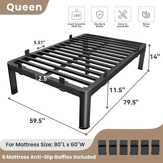 MAF 14 Inch Queen Metal Platform Bed Frame with Anti-Collision Round Legs, Black 3500 Lbs Heavy Duty Bed Frame Steel Slats Support, No Box Spring Needed, Easy Assembly