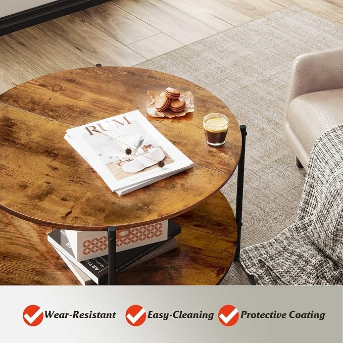 WLIVE Round Coffee Table, 32.6" Small Coffee Table with Storage Shelf, 2-Tier Circle Wood Center Table for Living Room, Apartment, Rustic Brown (Rustic Brown, 32.6" D x 32.6" W x 17.5" H)