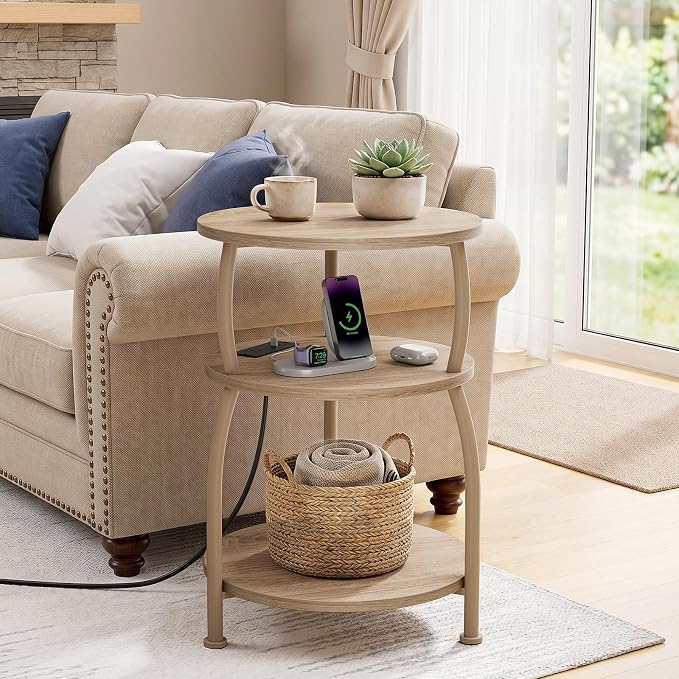 Round Side Table with Power Outlet & USB Ports, 3-Tier End Table with Storage Shelf, 15.7" Wide Nightstand for Small Spaces, Tall Bedside Table Capable of Charging Laptops & Phones, Rustic Brown