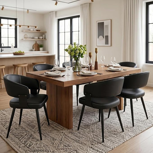 Dining Chairs Set of 6, Modern Upholstered PU Leather Kitchen & Dining Room Chairs with Curved Open Back Meatl Legs, Kitchen Chairs for Dining Room Restaurant (Black, Set of 6)