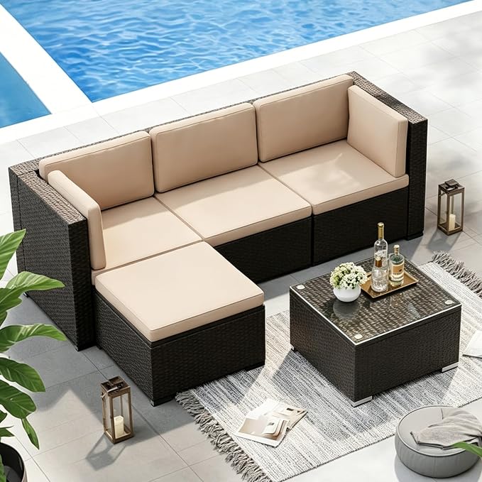 SUNCROWN 5-Piece Outdoor Patio Furniture Set, All-Weather PE Rattan Sectional Sofa with Ottoman, Glass Coffee Table & Cushions, Modular Wicker Conversation Set for Backyard, Garden, Porch, Beige