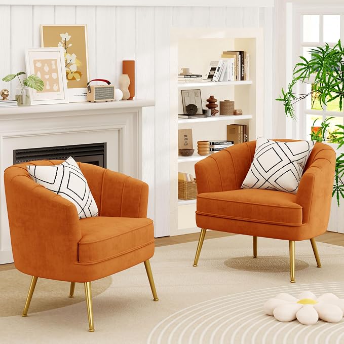 Andeworld Velvet Accent Chair, Upholstered Modern Single Sofa Side Chair,Comfy Barrel Club Living Room Armchair with Golden Metal Legs for Bedroom Living Reading Room Office,Caramel Orange