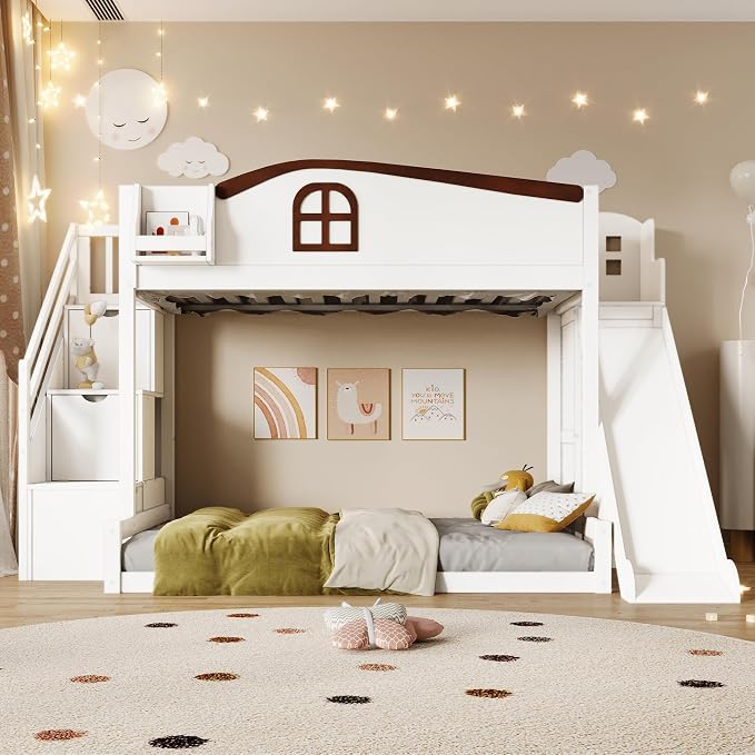 RUNNA Twin Over Full Bunk Bed with Slide,Storage Stairs,Shelf | Twin over full bunk bed with slide, storage stairs, overhead shelf, solid wood, guardrails, no box spring needed