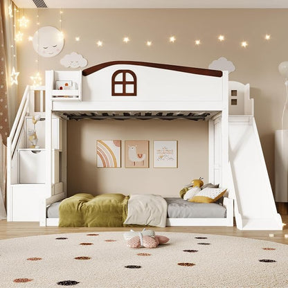 RUNNA Twin Over Full Bunk Bed with Slide,Storage Stairs,Shelf | Twin over full bunk bed with slide, storage stairs, overhead shelf, solid wood, guardrails, no box spring needed
