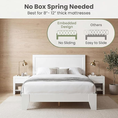 Giantex Full Size Wooden Bed Frame with Headboard, Wood Slat Support | Modern Platform Bed with Heavy Duty Mattress Foundation, Under-Bed Storage, No Box Spring Needed, Easy Assembly (White)