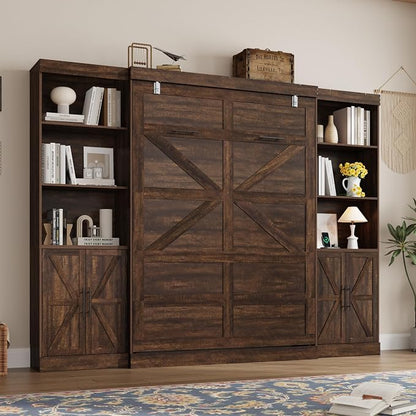 Hlivelood Full Size Murphy Bed w/2 Storage Cabinet&2 LED Light, Farmhouse Wood Hidden Foldable Wall Bed Frame, Storage Bed Cabinet for Bedroom, Office, Space-Saving, No Box Spring Needed, Brown
