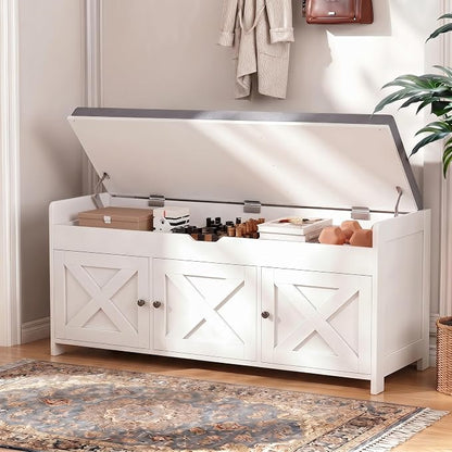 Marsail Shoe Storage Bench with Seating, Farmhouse Entryway Bench with Shoe Storage and Cushion, Under Window Benches Wooden Ottoman for Bedroom, Entry Way, Living Room, White