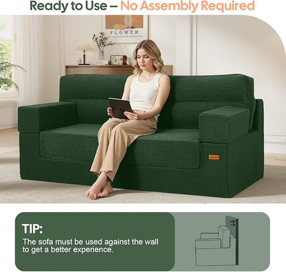 MeMoreCool Queen Sofa Bed, 4-in-1 Pull Out Couch Bed with Wedge Pillow, Boneless Futon Sleeper Loveseat, No Assembly Folding Sofa for Living Room Guest Room, Green Corduroy