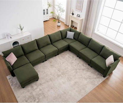 150.4" Large Sectional Couches for Living Room, 8 Seater L Shaped Modular Sectional Sofa with Storage Ottoman & USB, Oversized Corner Couch for Living Room（Green）