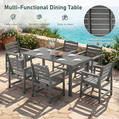 Furnimart Outdoor Dining Table for 4-6 Person, 67" HDPE All-Weather Dining Table with Umbrella Hole, Oversized Patio Dining Set, Outdoor Furniture for Backyard, Garden, Lawn & Poolside, Rectangle Grey