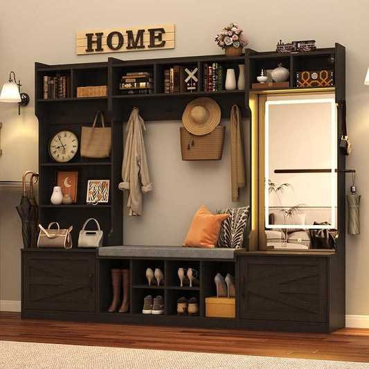chartustriable 71''H 86.6''W Large LED Farmhouse Hall Tree with Bench and Shoe Storage,Entryway Bench with Coat Rack,12 Shoe Cubbies & Umbrella Holder,Mudroom/Hallway Storages Cabinet(Black)