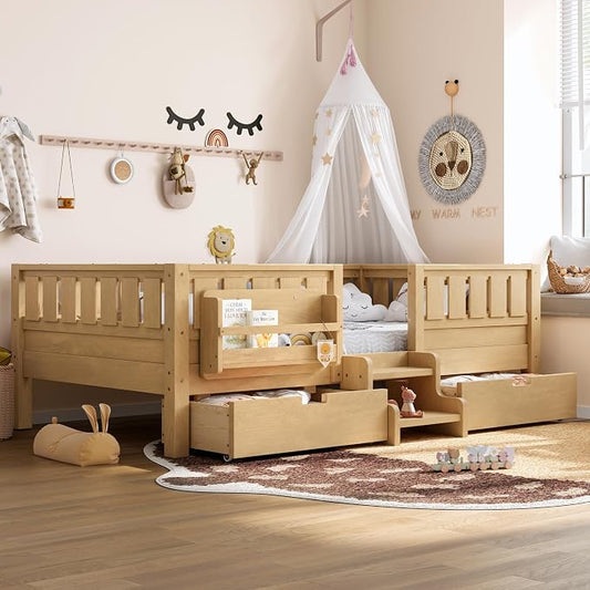 Bellemave Twin Floor Bed with Stairs, Rails and Slats, Twin Size Montessori Floor Bed with Bookshelf and 2 Storage Drawers, Easy Assemble Montessori Beds Frame for Girls, Boys, Light Natural