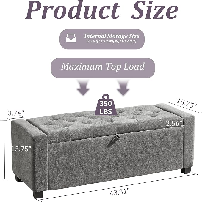 Royal Windsor Ottoman with Storage,Tufted Storage Bench with Safety Hinge,Holds up to 350 lb,Upholstered Bench with Seating for Bedroom, Living Room,Entryway,Linen Light Gray