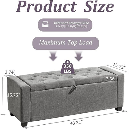 Royal Windsor Ottoman with Storage,Tufted Storage Bench with Safety Hinge,Holds up to 350 lb,Upholstered Bench with Seating for Bedroom, Living Room,Entryway,Linen Light Gray