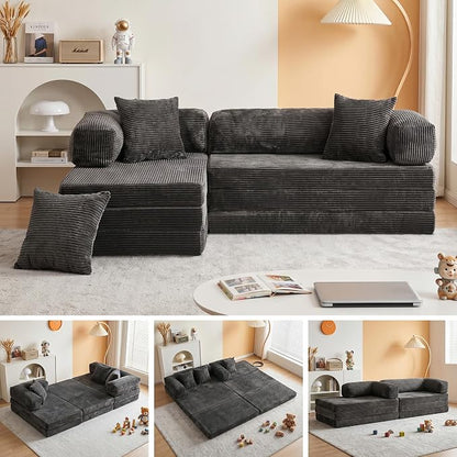 6-in-1 Boneless Couches L-Shaped Modular Sectional Sofa | Cloud Couch Sectional & Tri-Folding Mattress | Corduroy Pet-Friendly Convertible Sofa Bed with 800LB Capacity Apartment, Guest Room