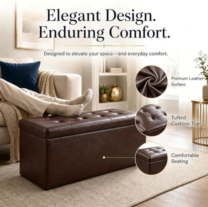 ALASDO 43 Inch Folding Storage Ottoman Bench with Hidden Storage, PU Leather Ottoman Foot Rest Stool, End of Bed Bench for Bedroom, Living Room, Entryway and Closet, Brown