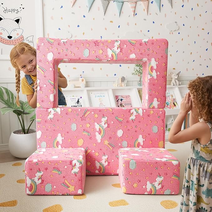 MeMoreCool Colorful Unicorn Glow-in-the-Dark Kids Play Couch, Modular Toddler Couch that Folds Out to Bed, Convertible Foam Loveseat for Girls Bedroom and Playroom