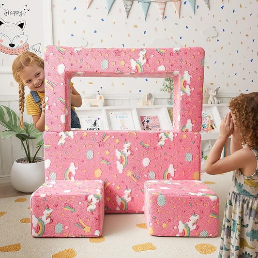 MeMoreCool Colorful Unicorn Glow-in-the-Dark Kids Play Couch, Modular Toddler Couch that Folds Out to Bed, Convertible Foam Loveseat for Girls Bedroom and Playroom