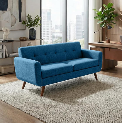 Tbfit 65" W Loveseat Sofa, Mid Century Modern Decor Love Seat Sofas and Couches for Living Room, Button Tufted Upholstered Small Couch for Bedroom, Solid and Easy to Install Love Seats Furniture, Blue
