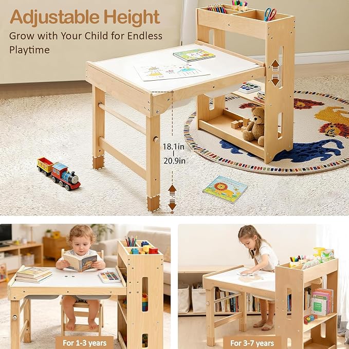 WINGYZ 6 in 1 Kids Art Table and Chairs, Sensory Table and 2 Chairs Height Adjustable, Graffiti Tabletop Toddler Activity Table with Storage Cabinet & Bins, Kids Art Desk with Paper Roll Ages 2-8 Gift