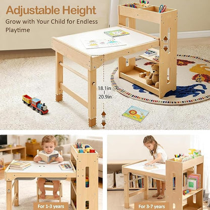 WINGYZ 6 in 1 Kids Art Table and Chairs, Sensory Table and 2 Chairs Height Adjustable, Graffiti Tabletop Toddler Activity Table with Storage Cabinet & Bins, Kids Art Desk with Paper Roll Ages 2-8 Gift