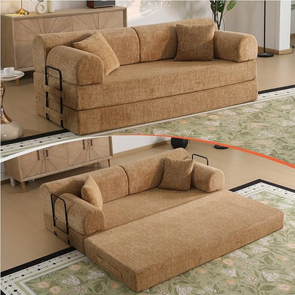 78.8" Memory Foam Boneless Couch, Corduroy Floor Sofa Bed, Convertible Sleeper Futon Loveseat, Wide Armrests & Back Support, Supports Up to 1200 lbs, Couch in a Box with 2 Pillows, Ochre