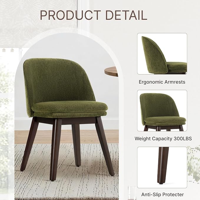 KISLOT Wooden Dining Chairs Set of 2, Fabric Upholstered Modern Dining Room Chairs with Double-Layer Thick Seat Cushion & Ergonomic Backrest for Restaurant, Kitchen and Café, Green