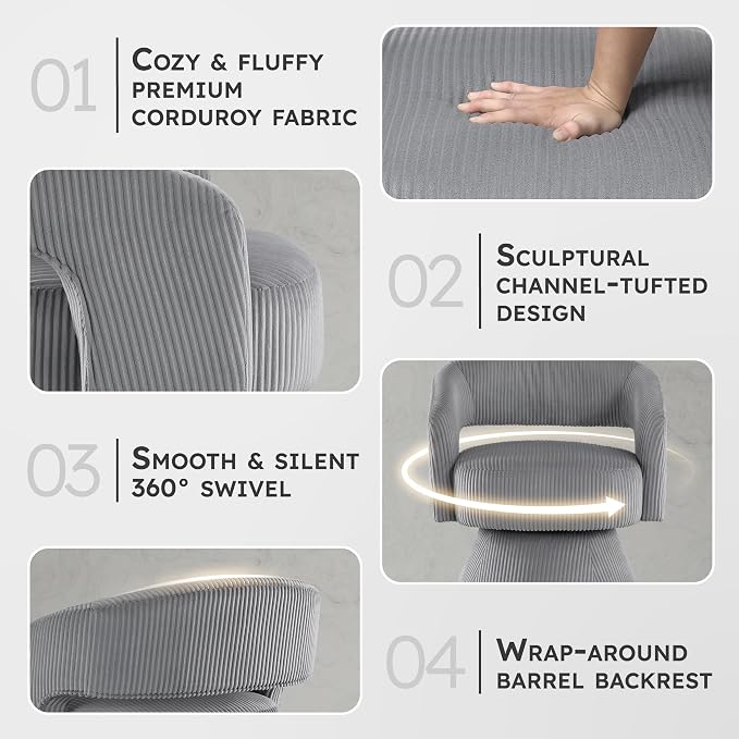 Lexicon 360 Degree Swivel Accent Chair, Modern Comfy Corduroy Round Barrel Chair, Open Back, Plush Foam Cushions, Metal Swivel Base for Living Room/Bedroom/Office/Small Spaces, Dark Gray