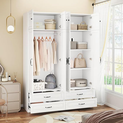 Armoire Wardrobe Closet with 4 Drawers: 88" White Bedroom Closet, Wood Wardrobe Closets with 4 Doors, Tall Armoire Cabinet and Storage Shelves for Clothing (63")