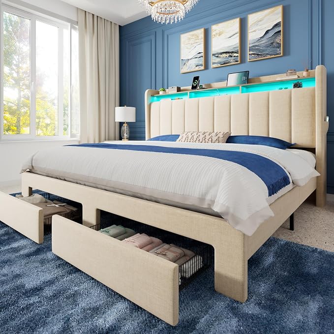 Allewie King Size Bed Frame with 2-Tier LED Storage Headboard, Upholstered King Platform Bed Frame with 2 Storage Drawers, USB & Type-C Charging Ports, Noise-Free/No Box Spring Needed, Beige