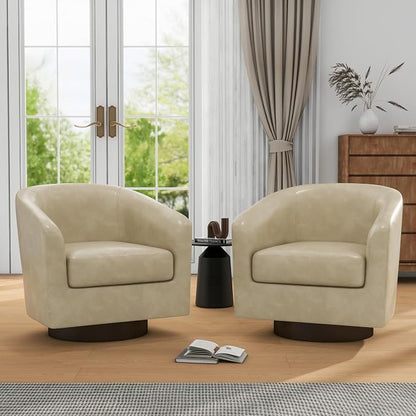 360° Swivel Barrel Accent Chair Armchair, PU Leather Round Club Arm Chair for Lving Room, Modern Upholstered Small Bedroom Single Sofa Seat - Cream, Set of 4