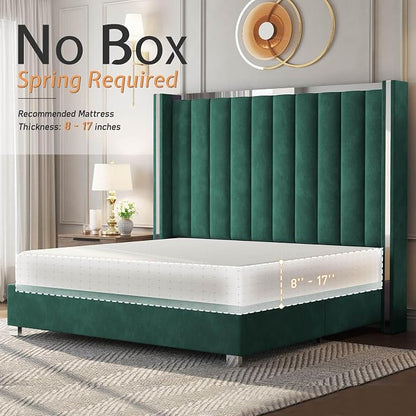 Jocisland Bed Frame with 58" Tall Headboard, Platform Velvet Upholstered Bed with Channel Tufted Wingback Headboard and Plating Trim, No Box Spring Needed (Green, King (U.S. Standard))