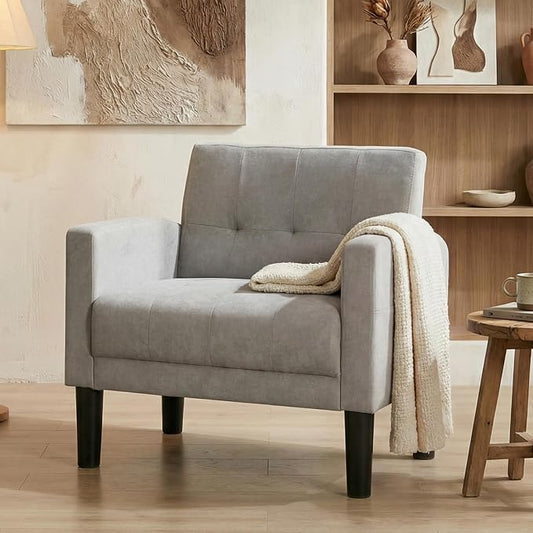 TYBOATLE Accent Chair Living Room Chairs Cozy Tufted Mid Century Modern Accent Chairs with Arms for Bedroom Comfy Reading Arm Chair Small Chairs for Small Spaces Living Room Office (1, Light Grey)