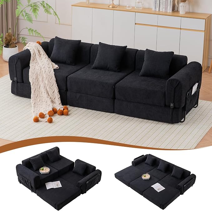 Cloud Modular Sectional Sofa, Foldable Floor Couch Bed, Convertible Sleeper Sofa Bed, Fold Out Boneless Couches for Living Room, Office, Guest Room, Apartment (3 Seater Couch, Black)