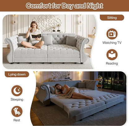 97.6" Oversized Pull Out Sofa Bed, Chesterfield Velvet Sleeper Sofa Couch with Roll Arm & Flower Tufting, Heavy Duty Metal Frame Convertible Sofa for Living Room, Apartment, Guest Room, Light