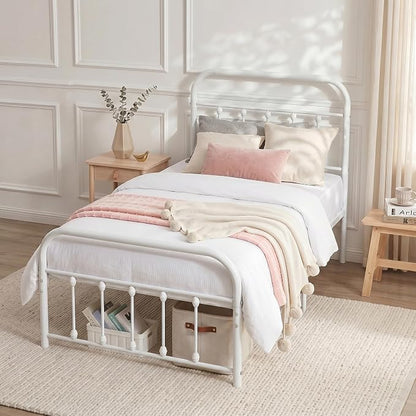 VECELO Twin Size Sturdy Metal Platform Bed Frame Classic Victorian Style Bed Frame with Headboard and Footboard Under Bed Storage No Box Spring Needed White